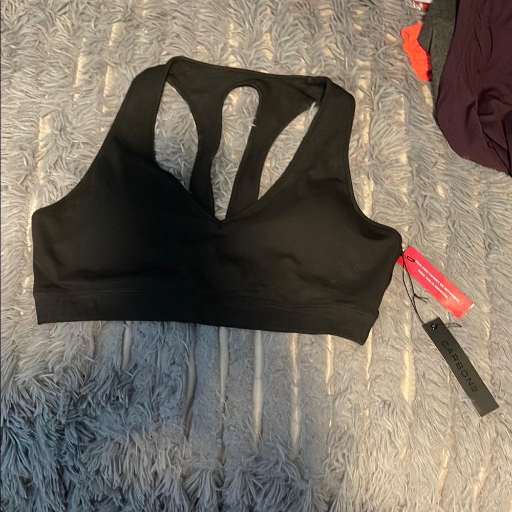 Carbon38 Black Racerback Sports Bra with Cutout Design
